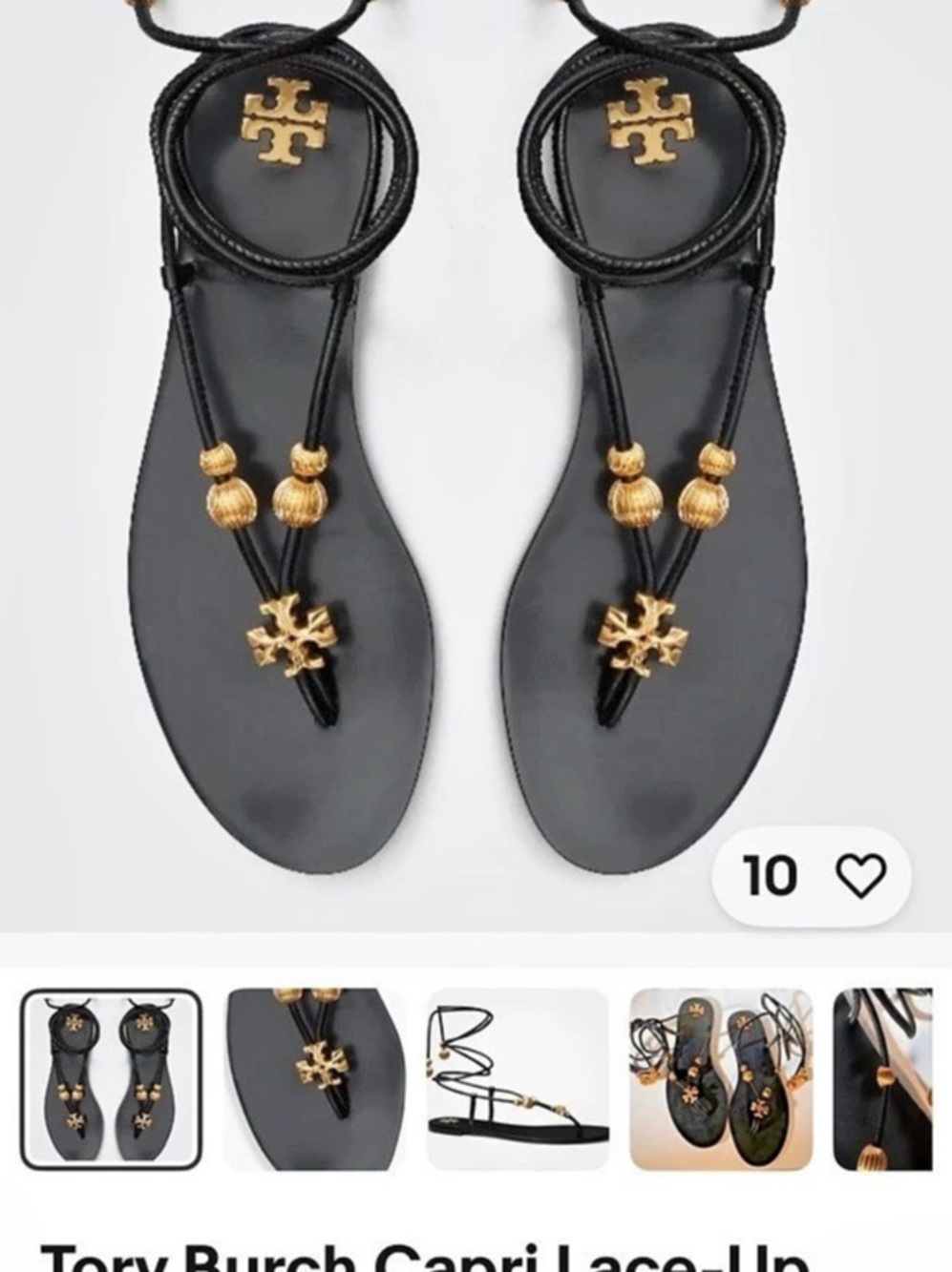 Tory Burch Capri Beaded Sandal Lace-Up Black & Gold US 8
